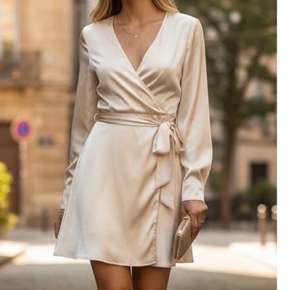 Showpo Marneth Mini Dress Champagne Satin Tie Front Long Bell Sleeve 6